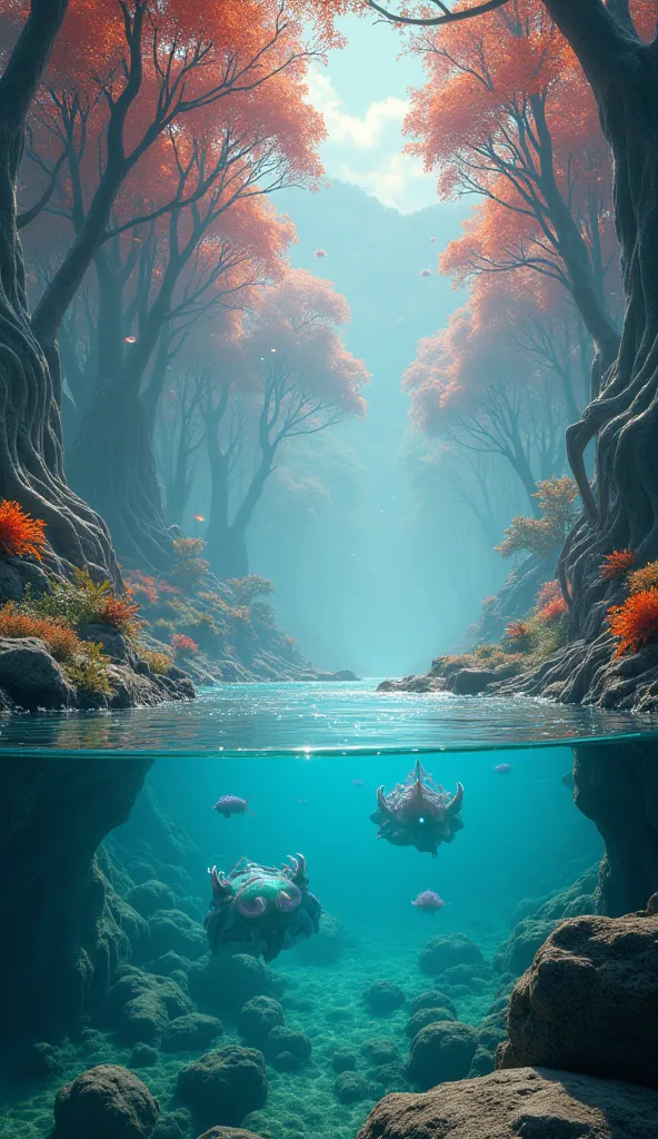 About exposing a clear blue sea and emerging an alien world with water and strange forest