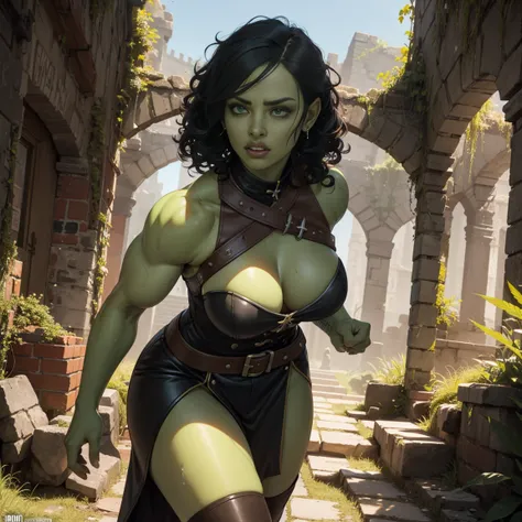 ((Beautiful female orc, solo, green skin, slightly muscular, high, Long black curly hair, Emerald green eyes)), Gladiator costume, leather boots, amazingly beautiful athletic body, at the ruins of a medieval castle, overgrown with hemp, tattoos, Beautiful ...