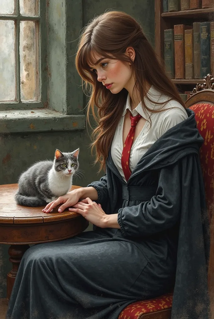 An oil painting with a watercolor effect,  inspired by the Harry Potter universe . The image shows a young woman 21-year-old Englishwoman with a youthful and enigmatic appearance.  Her brown hair is long , smooth and frayed , style with a fringe lying on o...