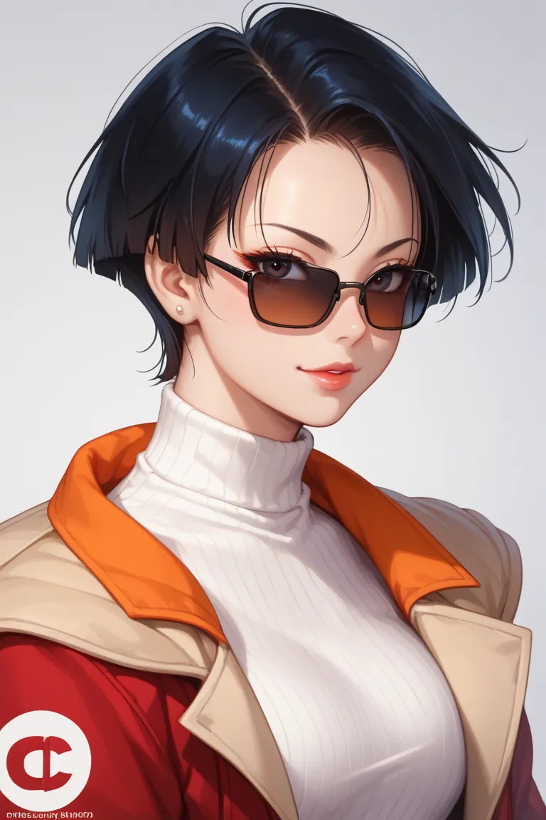 A highly detailed digital portrait of a character inspired by the reference image. The character must have short hair, smooth and vibrant red, with a long fringe partially covering one of the eyes. Your expression must be neutral or slightly confident, wit...