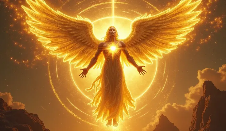 4. Archangel of Spiritual Immortality (Golden-Solar Neon)
seen from the bottom up, in a glorious pose, an immense archangel hangs in space-time, its armor resplendent gold reflecting the light of thousands of stars. His face is hyper-detailed, each trait e...