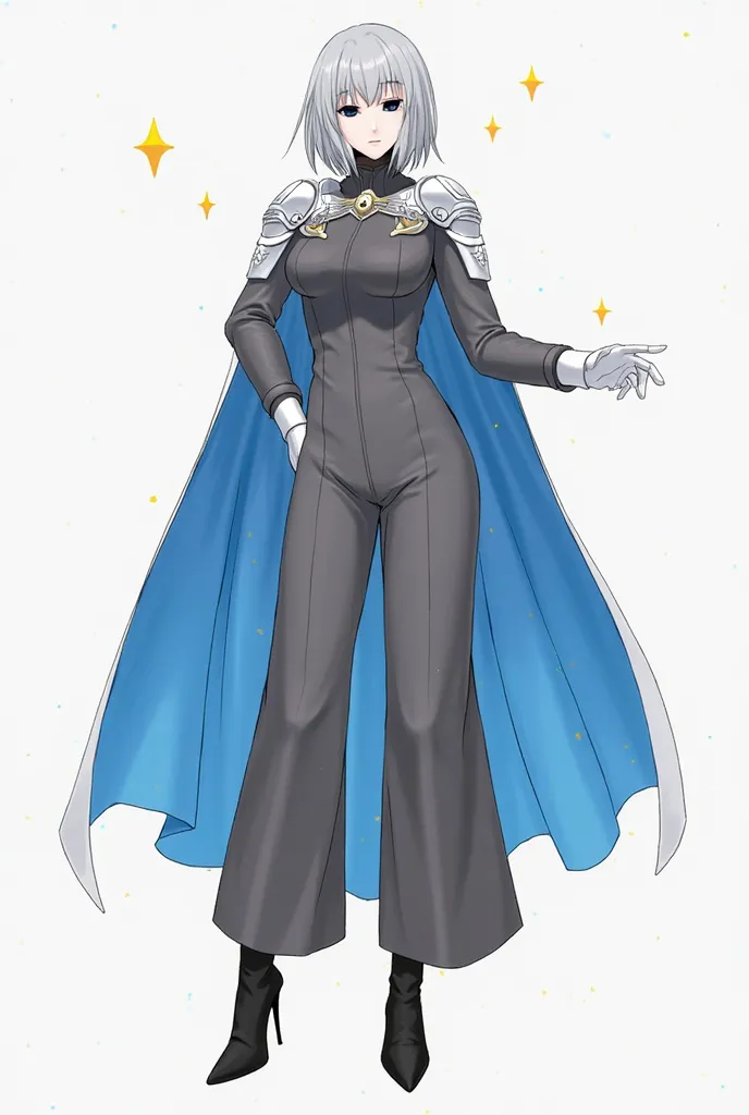 solo, faceless, 1female, white mask with black eyes, grey hair, grey clothing bodysuit, open wide trousers pants, white gloves, black heels boots, blue cape, long cape, cape touches the ground, shoulders armors, cape touch the ground, cape transform into w...