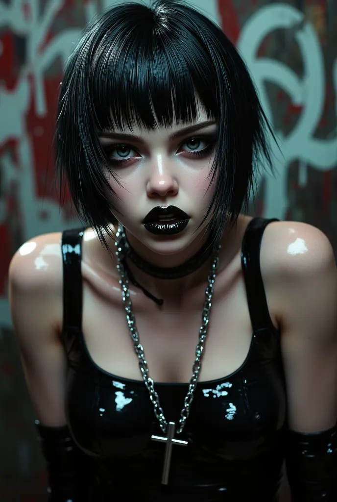 Dark indoor studio, ultra realistic 3D painting, macro, dark graffiti background, a pale white goth girl, white makeup, real expressions, absurd, angry face, shiny black lipstick with black glitter on her mouth, wearing a black leather tank top, wearing a ...