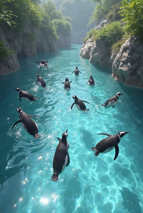 Pool with penguins diving