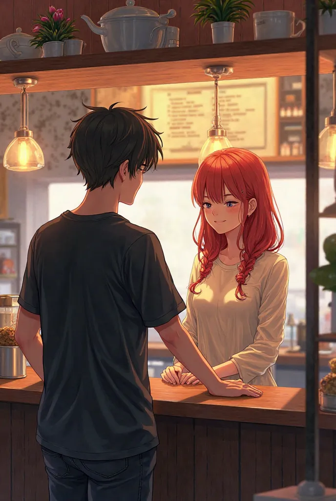 create a realistic illustration of a man with his back with black hair and a black shirt placing an order at the counter for a red-haired woman 