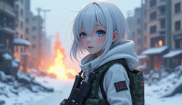  Solo, a japanese young girl, white short hair, winter, destructed city background, explosion, apocalypse, Blue eyes, Hood, Depth Of Field, anime style, White camo military uniform, carrying sniper rifle, High Resolution, High Quality, HD, 