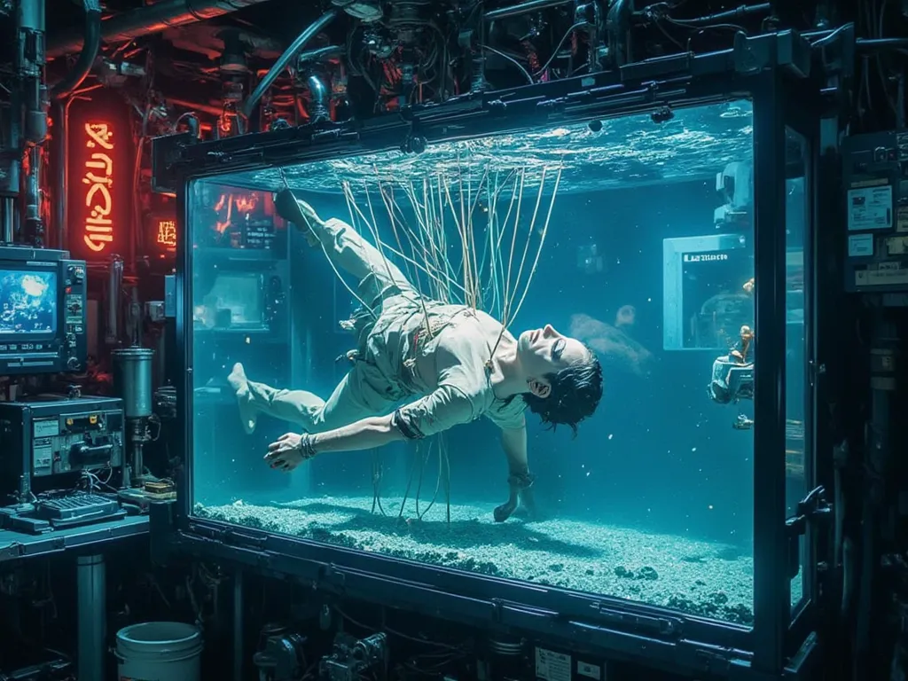 Create a video showing a body inside a tank filled with transparent water. Several wires connect to the body, while the scientific machinery and equipment surrounding the tank are in operation, as if studying the body. The setting must convey a science-fic...