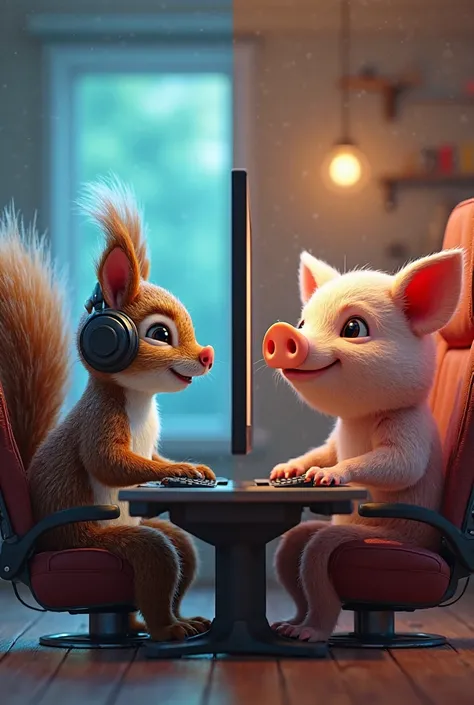 An image of a split screen where on one side there is a squirrel and on the other a pig, both with a gaming PC and playing in their chair.,  with headphones  