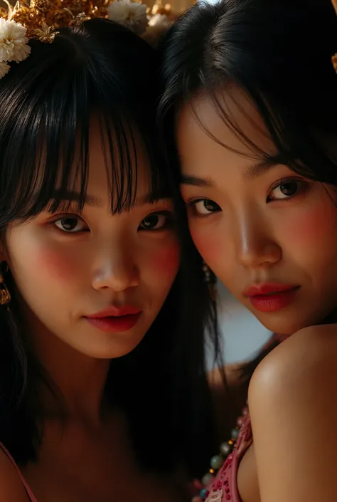 An Award Winning Cinematic Photograph, Asian Princess, a realistic, close-up, cinematic documentary of 2 woman with vibrant black silk hair and eyes the hue of twilight, embracing the lively spirit of New Orleans, Louisiana, the city's music and history re...