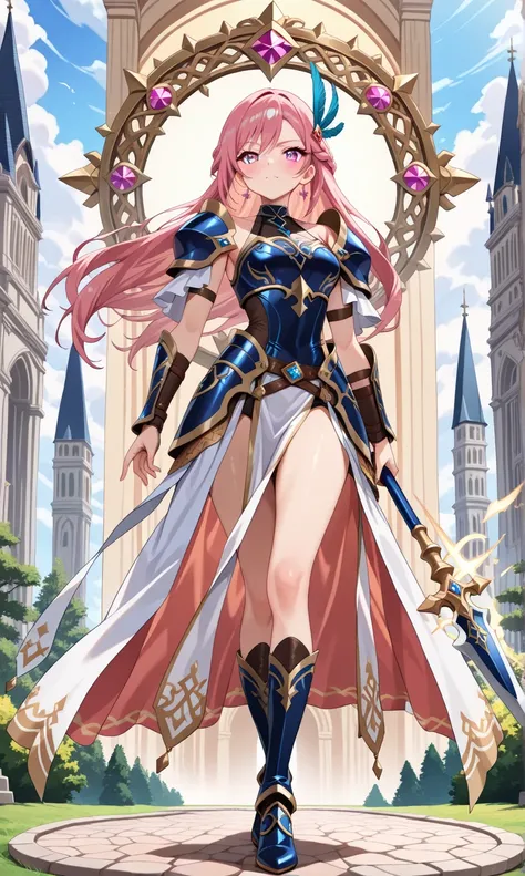 (((masterpiece, best quality, high detailed, 16k))) (1girl) A captivating  elven warrior with long, flowing pink hair, her eyes sparkling with determination and grace. She wears a unique armor crafted from animal pelts, blending seamlessly with the natural...