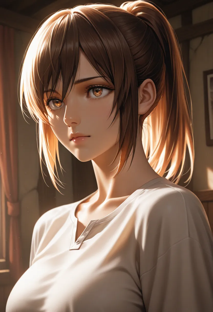 masterpiece, best quality, vibrant, very aesthetic, high contrast, photorealistic portrait,beautiful detailed face,detailed texture,detailed skin, newest, 1girl, Attack on titan,source_ Attack on titan,Sasha Braus,shirt,room
