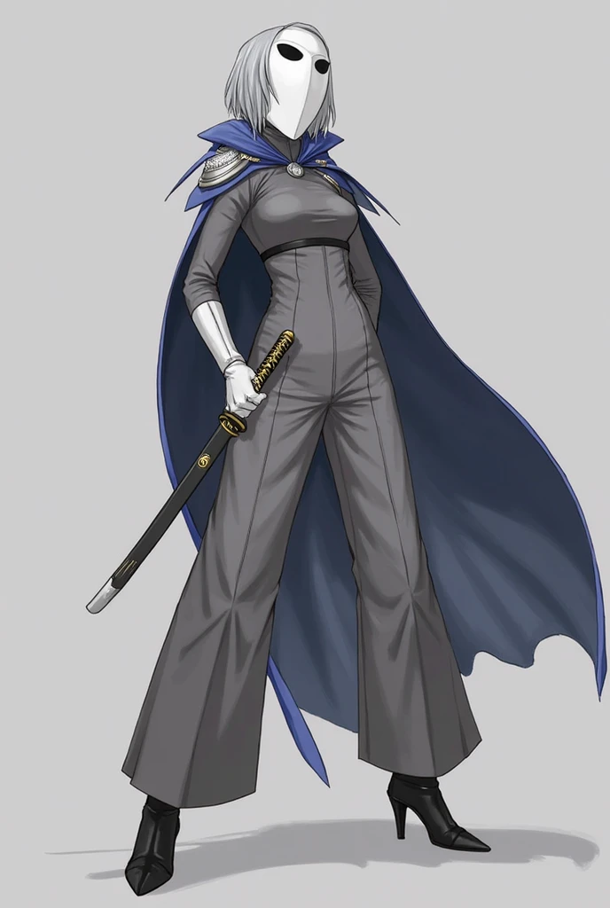 solo, faceless, 1female, white mask with black eyes, grey hair, grey clothing bodysuit, open wide trousers pants, white gloves, black heels boots, blue cape, long cape, cape touches the ground, shoulders armors, cape touch the ground, holding katana, fight...