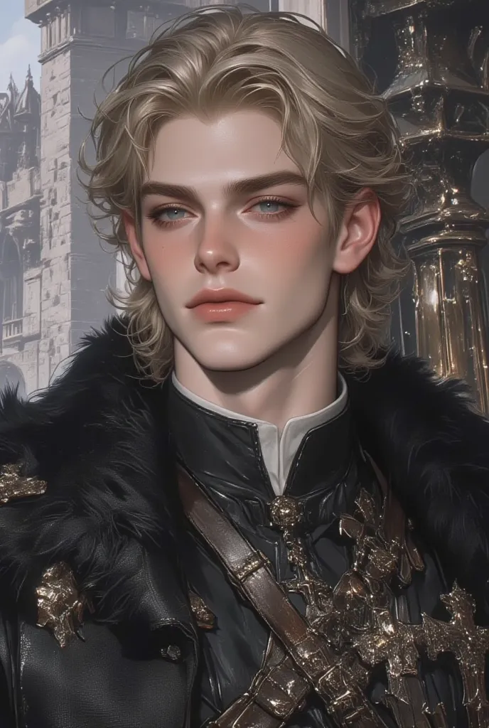 castle scene, 30 year old man with short blond hair, blue eyes, full lips, high cheekbones, handsome and defined face, medieval royal clothing, wearing prince clothes, smile on his face, perfectly aligned and white teeth, medieval royal era. 