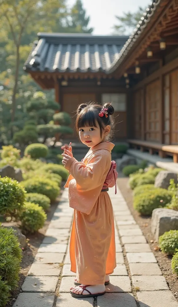  Fantastic　realistic footage　The large garden of a Japanese house　On the stone walkway　Japanese cute little  girl wearing a light orange kimono　hair ornaments close to the garden　 is pointing his face towards me