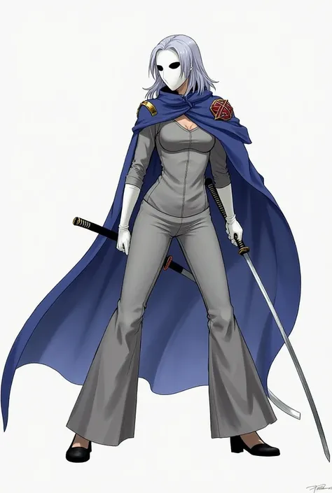 solo, faceless, 1female, white mask with black eyes, grey hair, grey clothing bodysuit, open wide trousers pants, white gloves, black heels boots, blue cape, long cape, cape touches the ground, shoulders armors, cape touch the ground, holding katana, fight...