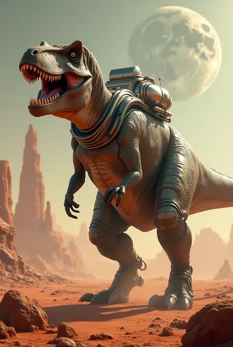 DINOSAUR WITH SPACE SUIT AND SUPER EXTRA REALISTIC PLANET MARS IN THE BACKGROUND