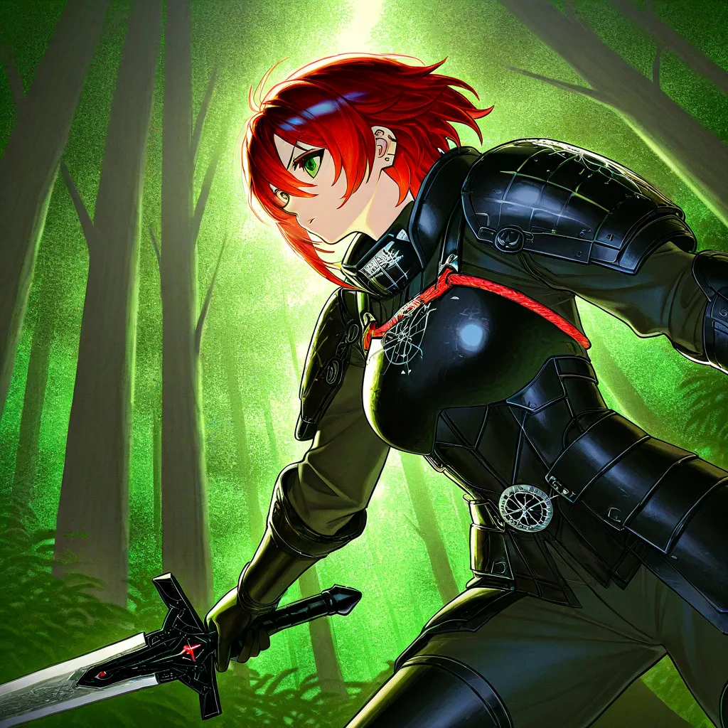 1woman, long hair, red hair, green eyes, serious look, full body, wielding zweihänder, flight armor, lorest background, trees, vegetation, looking at viewer