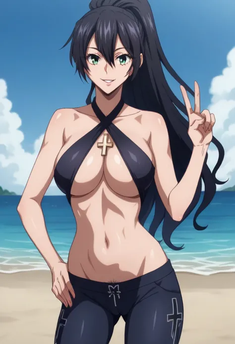 score_9, score_8_up , score_7_up , source_anime, Otoya,  1girl , Alone, alone, hyper detailed face, black hair, long hair, ponytail, green eyes, only blue swimwear, (((unconnected cross halter, full cleavage out, full bare under boob cleavage out))), navel...