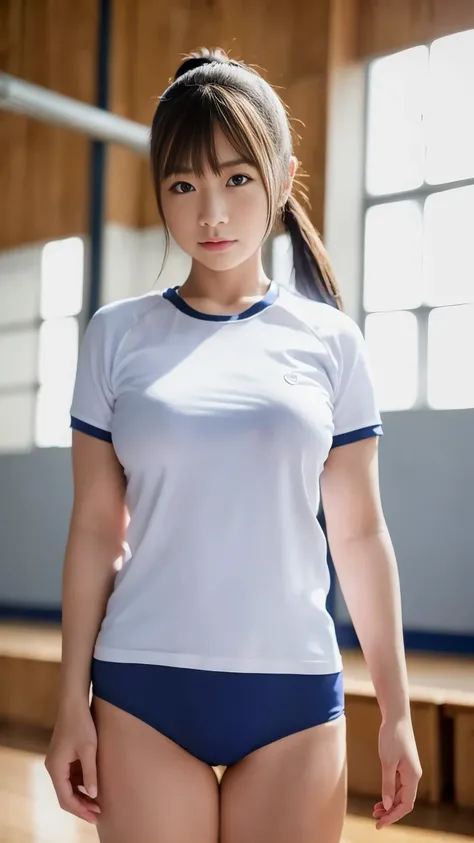 (8k, RAW photo, Highest quality, masterpiece:1.2), (realistic, photo-realistic:1.4), (Extremely Detailed 8k Wallpaper), beautiful Japanese woman,  ponytail,standing, school gym dark blue buruma, school gym,  dark blue bloomer for exercise , ( school white ...