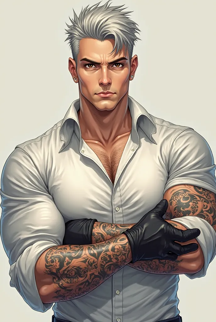 Anime Male, Man, Strong man, Handsome man, seductive looking man, button down white shirt, rolled up sleeves, yakuza tattoos on arms, black gloves. Stoic man, grey hair, short hair, brown amber eyes 