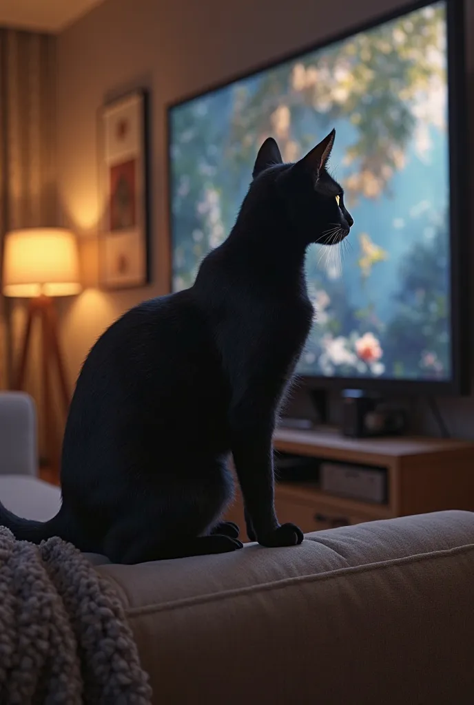 Generate an image of a black cat watching TV sitting on the couch being recorded from afar