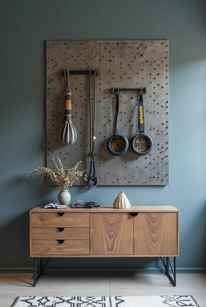 Apartment environment in greyish blue. A 180 cm wide piece of furniture made of iron and wood paradise with a microperforated steel plate with a leaf design on which sport climbing equipment has been displayed