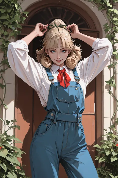 create a  boy illustration depicting 1young men。 character in a standing pose in a garden、showing an evil smile, the character has a short blonde curly hair, blue eyes 、 classic vest 、 white puff sleeve shirt 、 wears a red ribbon tie , The composition is, ...