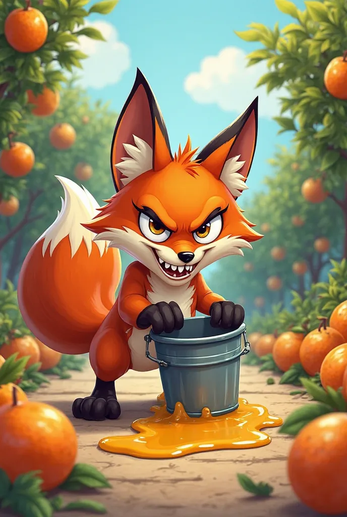 Cartoon style photo at 16:9 represents an evil fox that steals oranges and loses oil from the bucket 