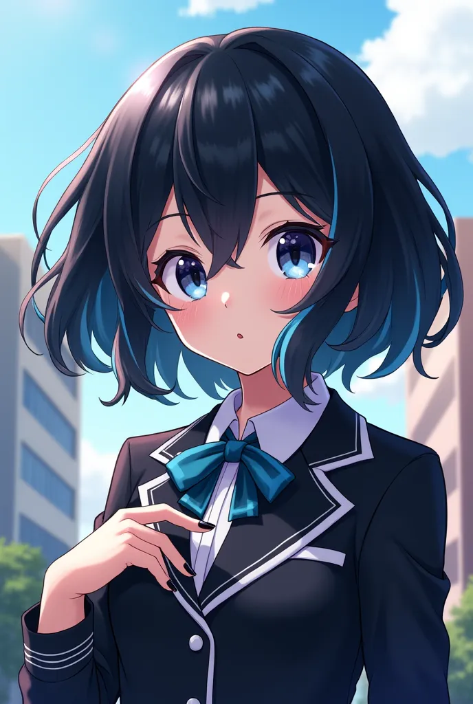 anime-style character from Boku No Hero with short black hair with light blue rays, two locks of hair over her face wearing the classic UA uniform, black nails and white skin