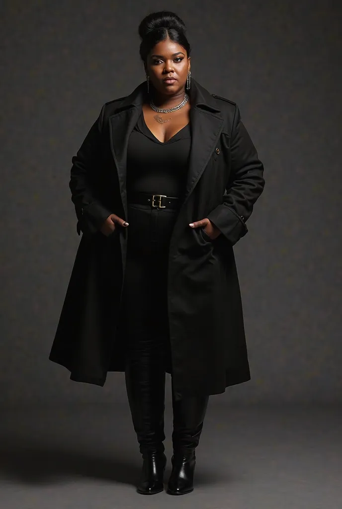 Plus size wearing black trench coat skirt and boots