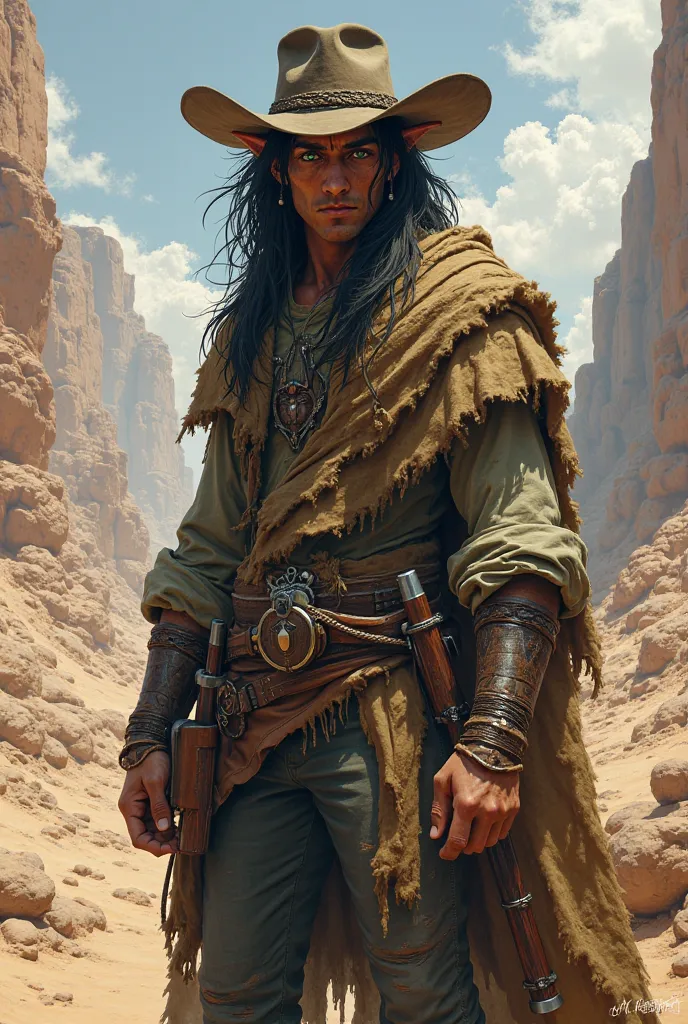 elf, cowboy, Pancho,  messy black hair, long hair, desert background,, gun holster, fantasy, green eyes, cowboy hat, male