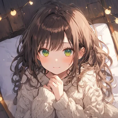  girls on the left,nsfw,brown hair, green eyes、Highest quality, ultra detail, illustrations,cute,  girls on the left, knitted sweater,from above,blush