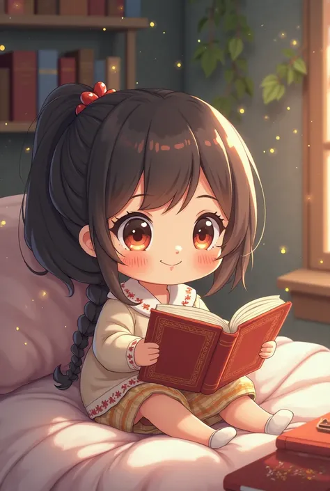 a happy chibi girl reading a book in 10x10 aspect ratio


