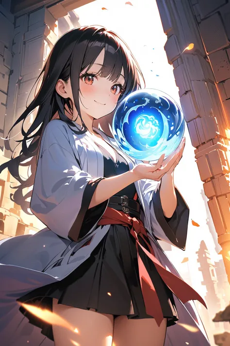 1 girl, (cute face), young adult, long hair, (confident smile), (blush), small breasts, petite, (wearing fantasy martial artist robe), above knee length, (fair skin), 
BREAK 
Ancient temple ruins, mystical energy, (preparing for battle:1.2), a magical orb,...