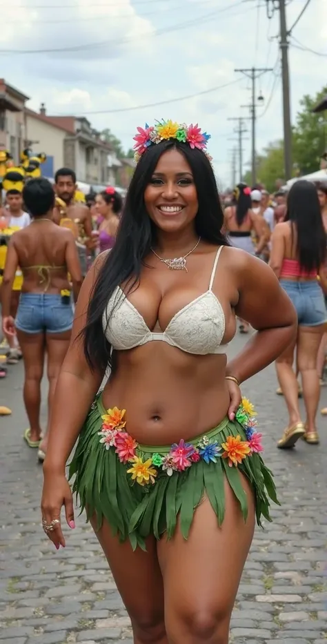 The image shows a woman with very shapely thighs and smiling at an outdoor event, possibly a carnival block. She wears a inspired by the Hawaiian style, consisting of a micro-bikini floss with white cups decorated with colorful flowers and a skirt made of ...