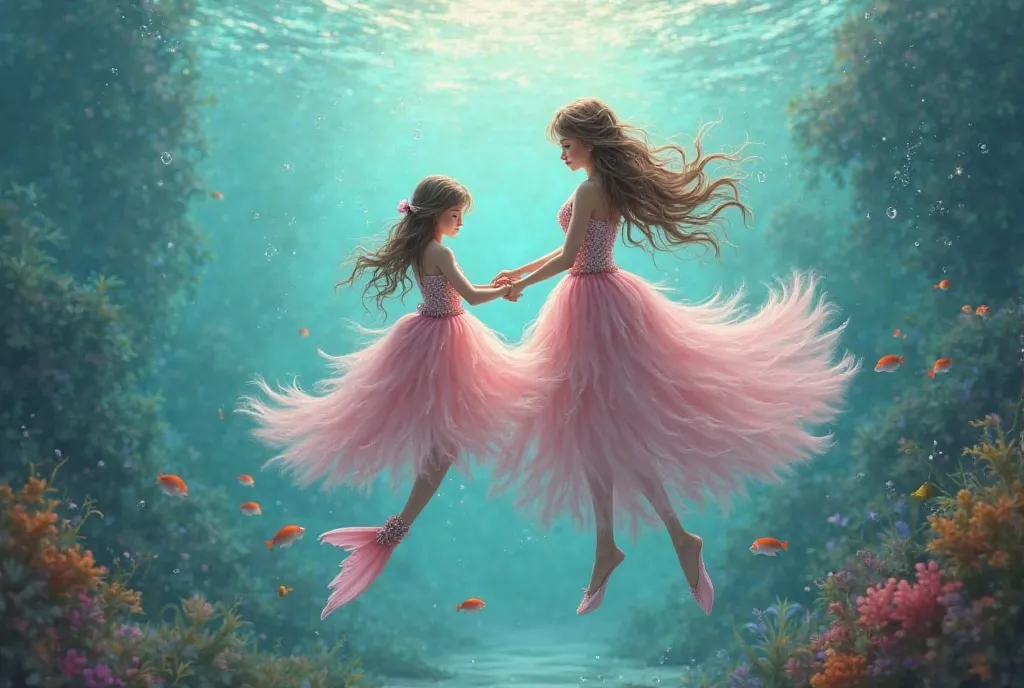 An aquatic/Little Aquatica with her mother wearing her pink dresses