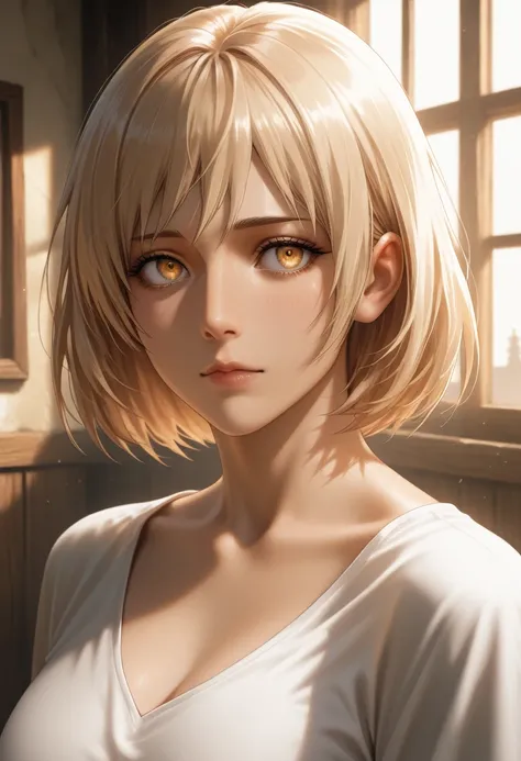 masterpiece, best quality, vibrant, very aesthetic, high contrast, photorealistic portrait,beautiful detailed face,detailed texture,detailed skin, newest, 1girl, Attack on titan,source_ Attack on titan,Hitch Dreyse,shirt,room
