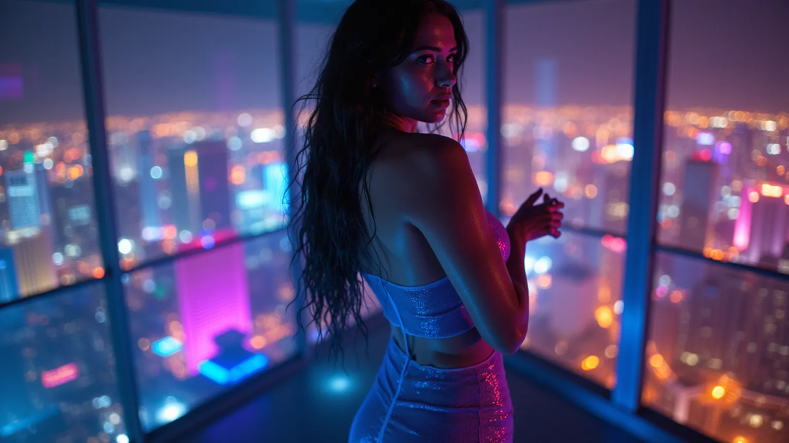 A hypnotizing woman dances slowly in the dimly lit lounge of a high-tech Las Vegas penthouse, her curves illuminated by the flickering neon reflections from the city skyline. Her ultra-thin, shimmering mesh dress barely covers her sculpted body, the transl...