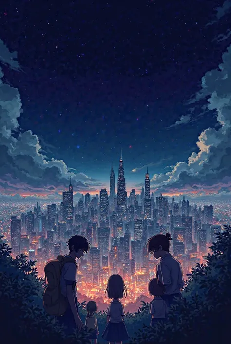 dibujo de anime, a city that can be seen in the distance, Cloud-free dark sky. 