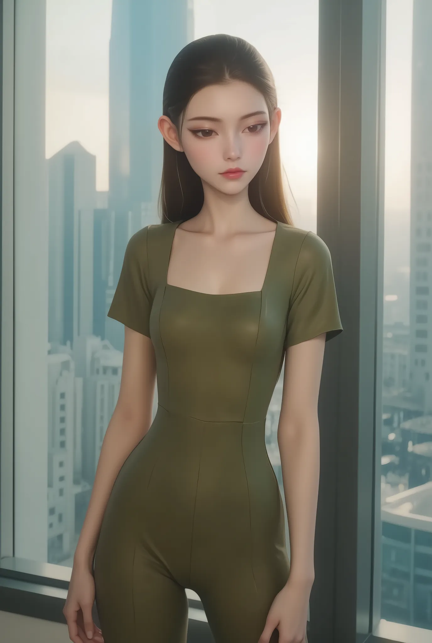 crane girl, This is a close-up of a young woman standing next to a large window,, you can see the city view.  She is wearing a light olive green body suit , with a square neckline and short sleeves .  The bodysuit appears to be made of elastic material .  ...