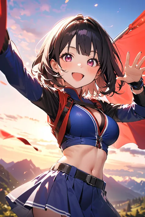 1 girl, (cute face), ager, medium-length hair, (excited expression), (blush), large breasts, athletic build, (wearing fantasy martial artist outfit), short skirt, (smooth skin), 
BREAK 
Mountain peak, sunset background, (striking a victory pose:1.2), a flu...