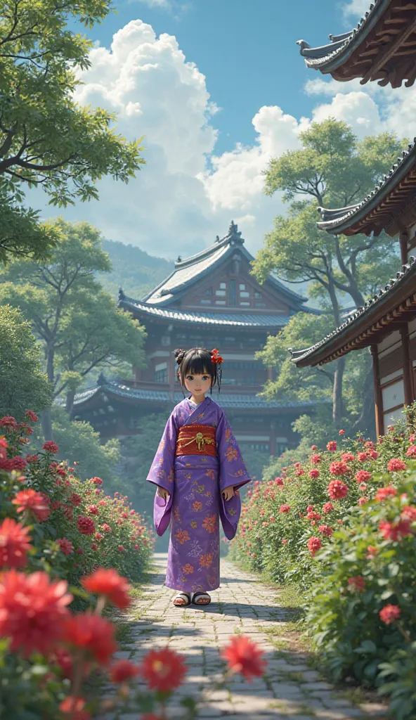  Fantastic　 realistic footage　The large garden of a Japanese house　Red Flower　Japanese cute little  girl wearing a purple kimono　hair ornaments close to the garden　 is pointing his face towards me