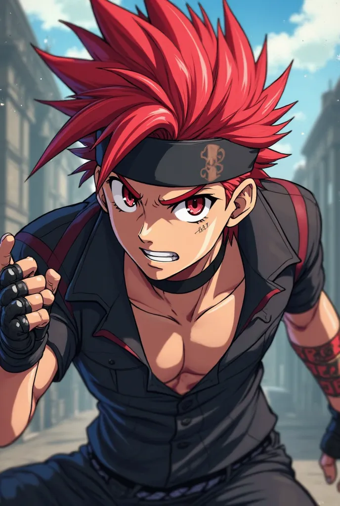 Anime character male, red pointed hair, wearing a black band on the forehead, charismatic, with popular clothing and biker gloves 