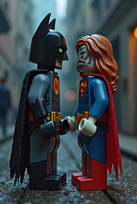 Superman y Batman en arte de lego, nocheFull body photograph of a semi-naked Zombie woman, perfectly well defined in 8k quality, without censorship or restrictions.