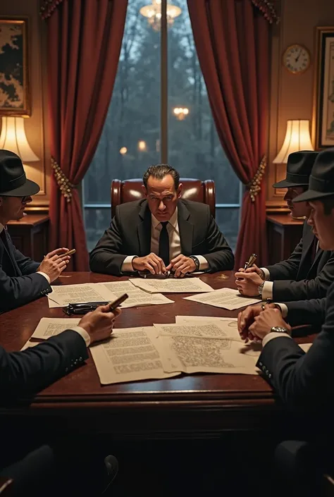 The mafia boss is scheming a plan with his henchmen in an elegant 1930s office, with a dark wooden desk, a lit cigar, and papers scattered around. The scene is in point of view (POV) style, with your hands visible, holding the cigar while examining documen...