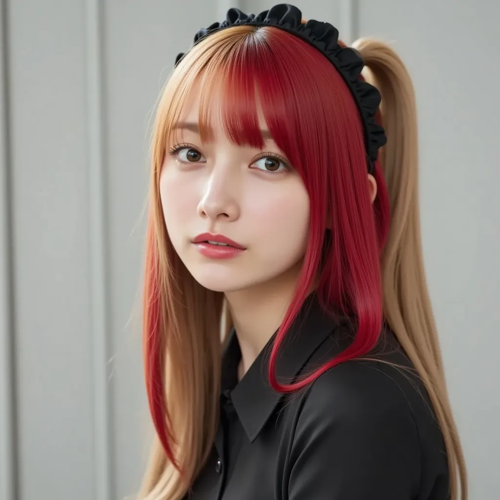 Two-tone blonde and red hair、 hairstyle is straight、super long hair、ponytail、black maid outfit、Hair color is different on the left and right