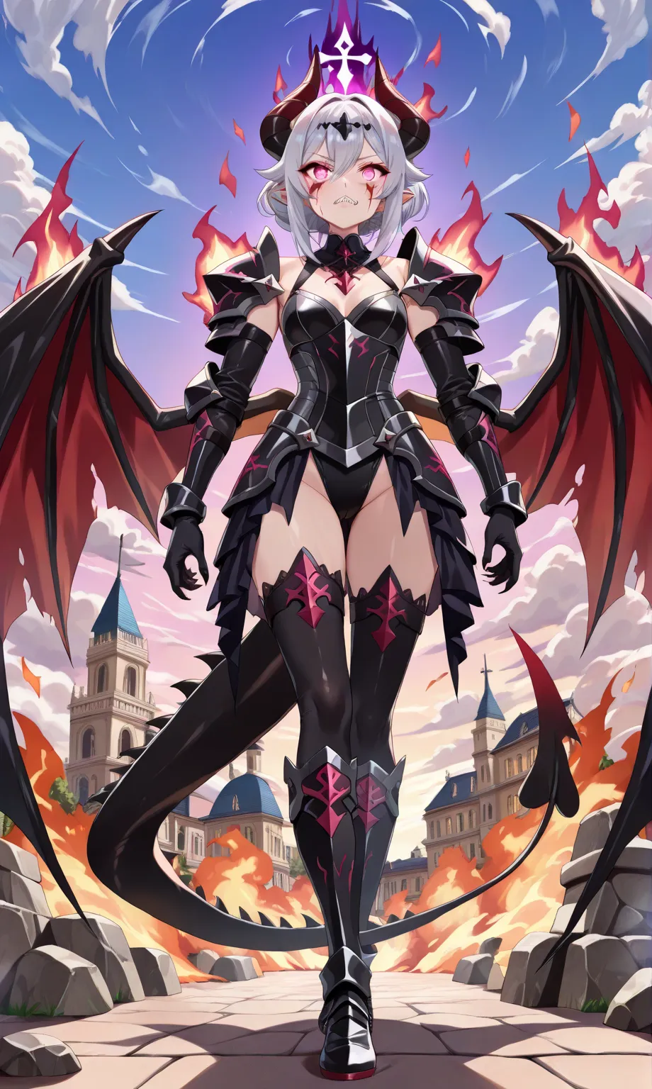 (((masterpiece, best quality, high detailed, 16k))) (1girl) A demonic girl with a menacing aura and white demonic armor, adorned with sharp horns.((detailed face:1.2)) Her glowing eyes burn with infernal fire. She has (long demon wings) and razor-sharp (cl...