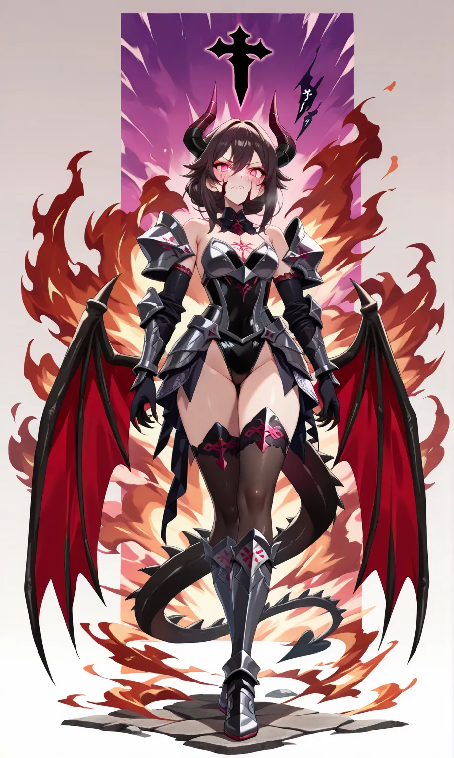 (((masterpiece, best quality, high detailed, 16k))) (1girl) A demonic girl with a menacing aura and white demonic armor, adorned with sharp horns.((detailed face:1.2)) Her glowing eyes burn with infernal fire. She has (long demon wings) and razor-sharp (cl...