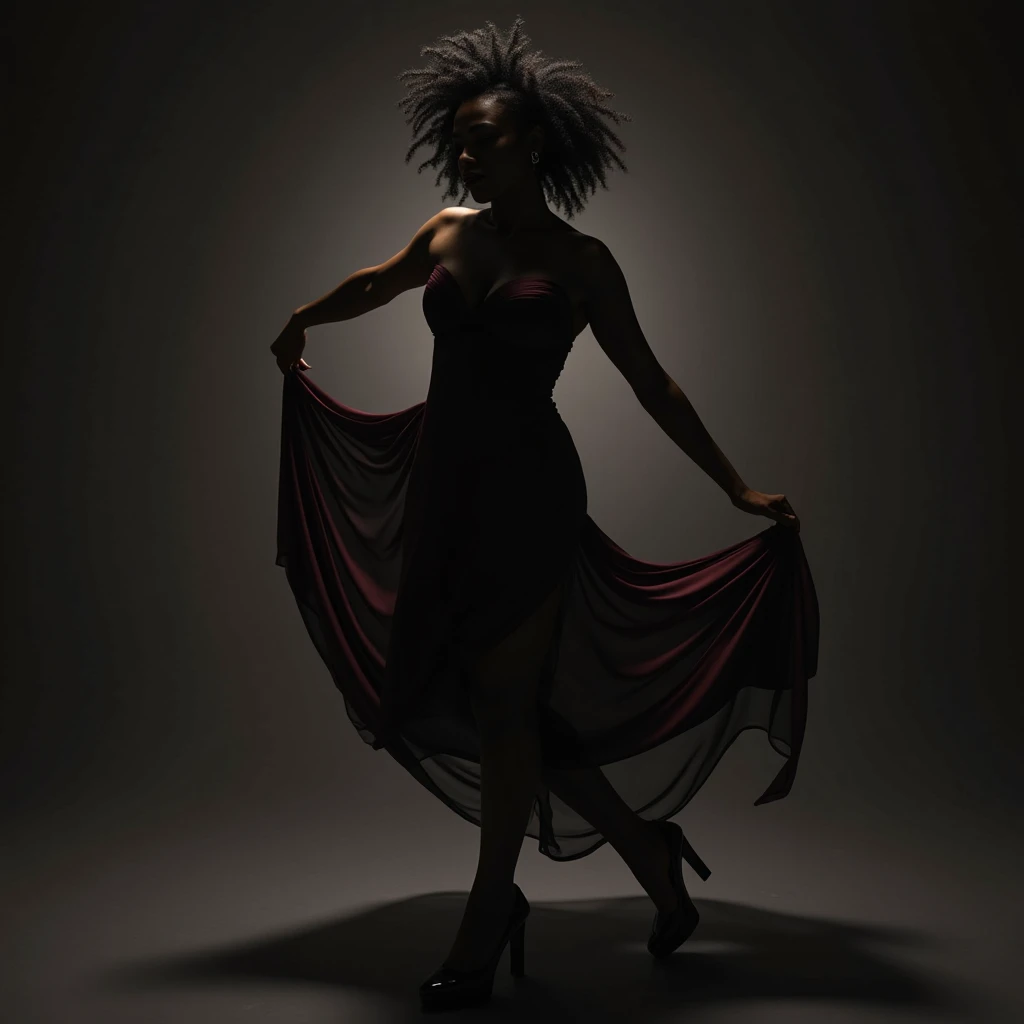 📸 A fair-skinned black woman in the studio, captured at the height of a movement. It swivels , and her dress flows around,  creating a cinematic effect . The light cuts out the silhouette with dramatic shadows, highlighting every muscle and detail of the s...