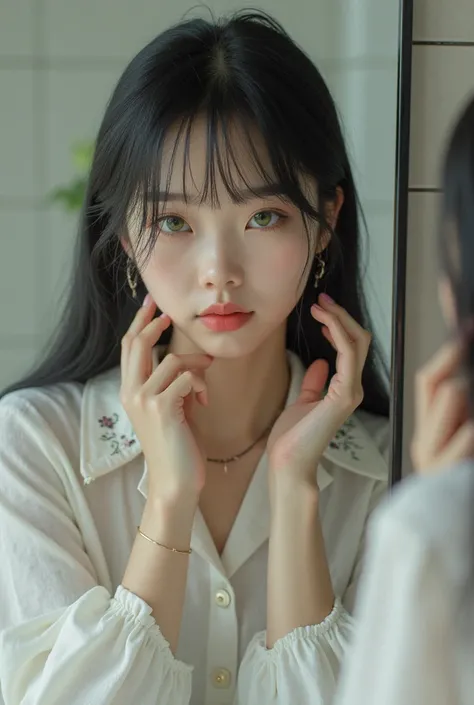 A girl with realistic Asian appearance green eyes straight black fringed hair in the bathroom wearing a white blouse holding her hair in the mirror 